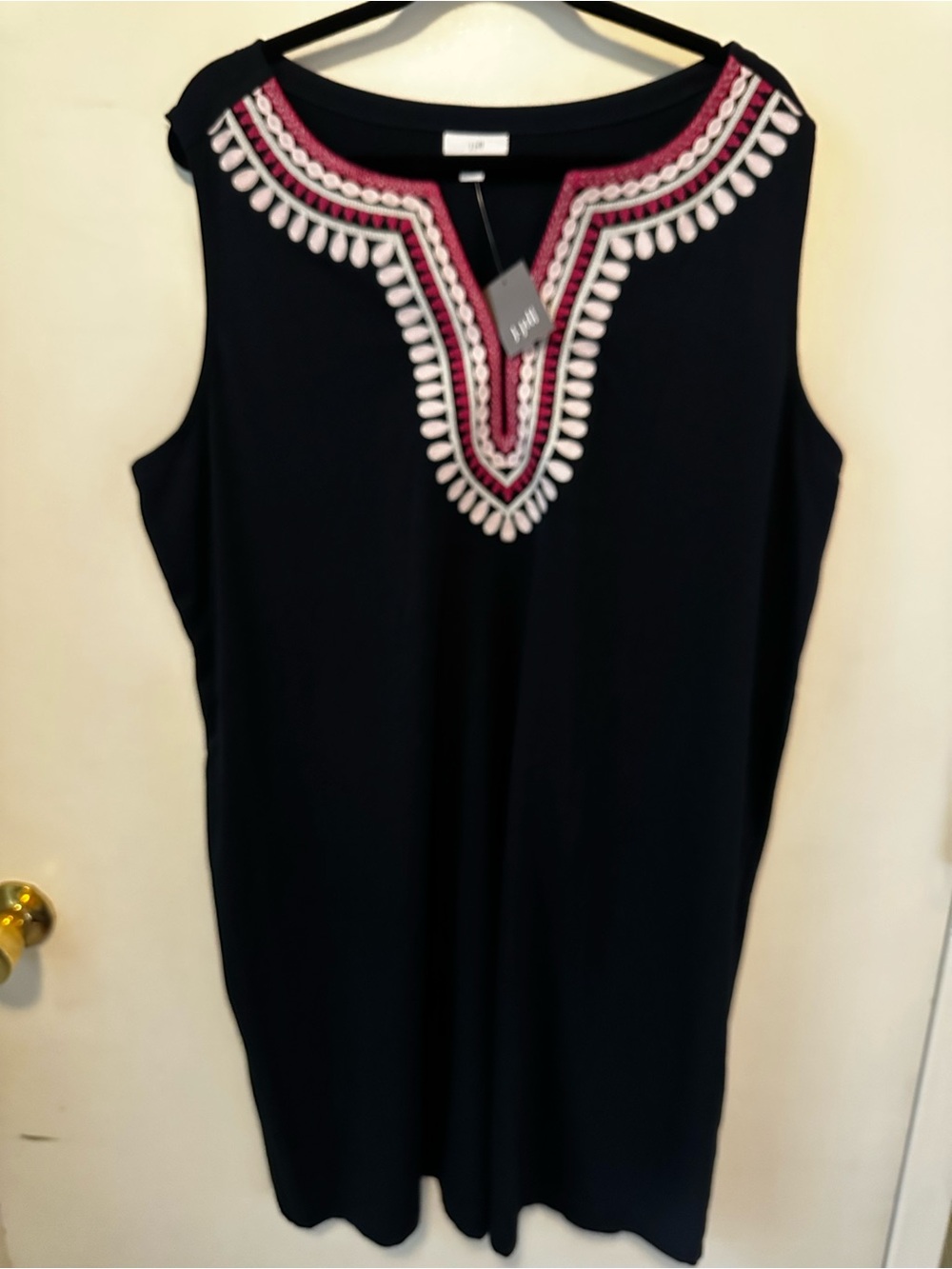 J.Jill Embroidered Split Neck Sleeveless Shift Dress Navy Pink 2X NWT